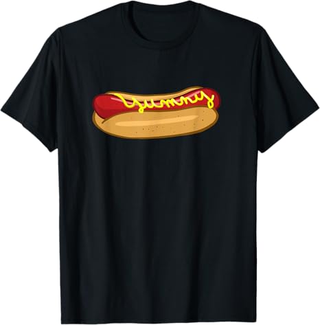 Black t-shirt with a hot dog graphic on a white background