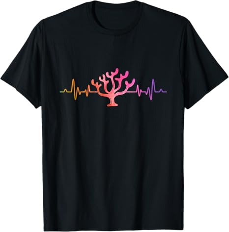 Black t-shirt with a colorful coral and heartbeat line design on a white background
