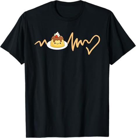 Black t-shirt with a dessert graphic and heart line on a white background
