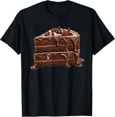 Black t-shirt with a chocolate cake graphic on a white background