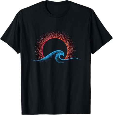 Black t-shirt with a colorful wave design on a white background